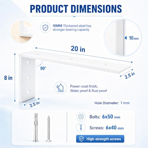 WINKER Countertop Support Bracket 2 Pack Heavy Duty 3/8" Thick Hidden L Shelf Bracket 20" x 8" x 2.5" Metal Corbels for 