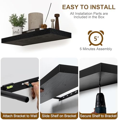 Fun Memories Black Floating Shelves 36 Inch Long, 8 Inch Deep Floating Shelf for Wall, 36" W x 8" D Wall Shelves Set of 