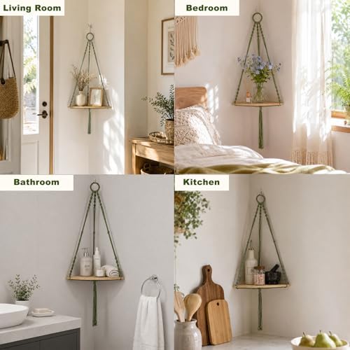 Artilady Macrame Corner Shelf Wall Hanging, Adjust Green Boho Wall Decor