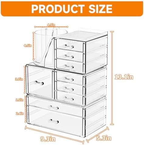 SuoXing 3 Pack Clear Acrylic Makeup Organizer for Vanity With 9 Drawer, Skincare Organizers Countertop With Make up Brus
