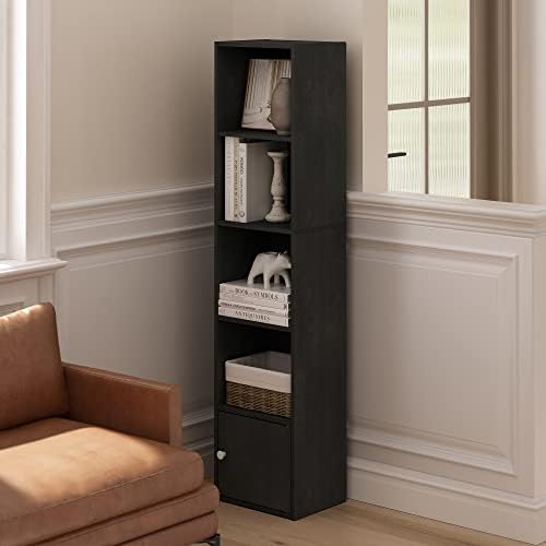 Furinno LUDER Book Shelf, 5-Tier Modern Bookshelf, Bookcase with 1 Door Storage Cabinet, 9.3 x 12 x 52, for Organization
