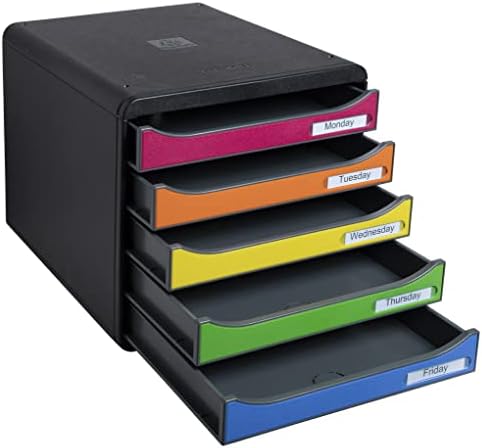 Exacompta Big Box Plus - 5 Drawer Desktop Organizer - 100% Recycled Materials- Fits Letter and A4+ Size Paper - Black w/Multicolored Drawers- Dimensions 13 5/8 x 11 x 10 5/8 - Made in Europe