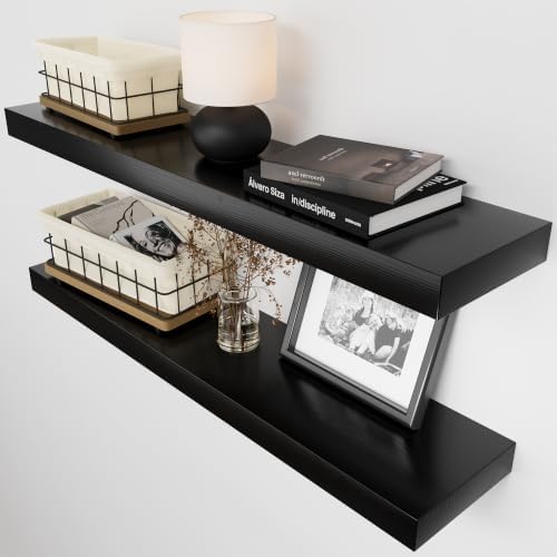 Solid Wood Floating Shelves for Wall 30 Inches Long, Black Wooden Shelf