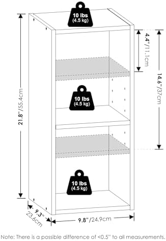 Furinno Fulda Book Shelf, 2-Tier Narrow Bookshelf, Bookcase with 10-in Width Storage Shelf, 9.3 x 9.8 x 21.2, for Living