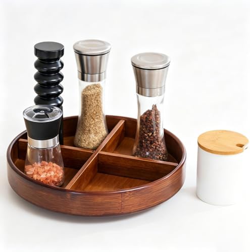 Bamboo Lazy Susan 12'' Turntable Organizer with Removable Dividers