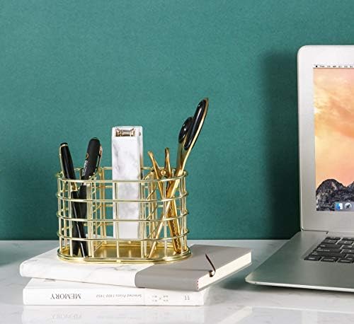 Pen Holder, 3 Compartment Metal Pencil Holder Stationery Organizer, Decorative Desktop Storage Holder for Office Supplies, Gold