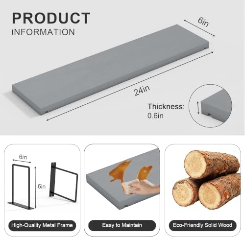 Floating Shelves, 24 In Bookshelves for Room Wall, Shelves on Wall (Grey)