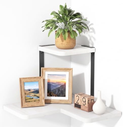 SRIWATANA 2-Tier Corner Shelf, Rustic Wood Storage Display Shelf, White