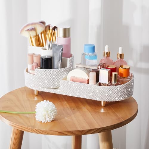 Rotating Makeup Organizer Vanity, White, Pearl