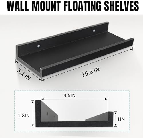 LaVie Home Floating Shelves for Wall Storage Set of 4, 15.6 Inch Picture Ledge Shelf, Black Wall Shelves with Lip for Kitchen, Bedroom, Bathroom, and Living Room