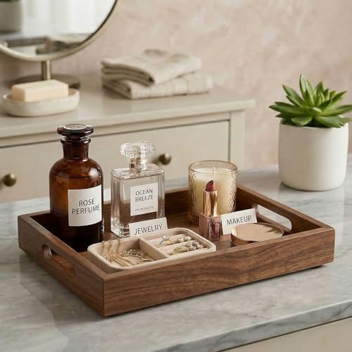 Perfume Plate Tray with Handle - Natural Bamboo Wood Display Tray for Dresser, Coffee Table, or Bathroom, 11.4x7.9 Inche
