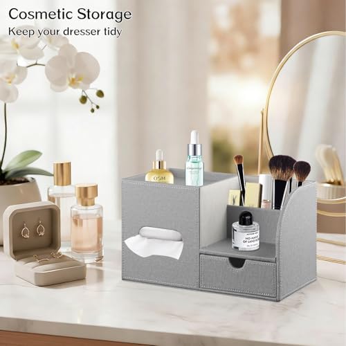PU Leather Tissue Box Cover Square with Drawer Storage and Tray on Top