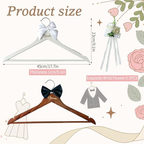Groom Bride Hanger for Wedding Dress or Suit - 2 Pack Wedding Hangers Gifts Accessories - Bridal Hanger with Bow Tie & E