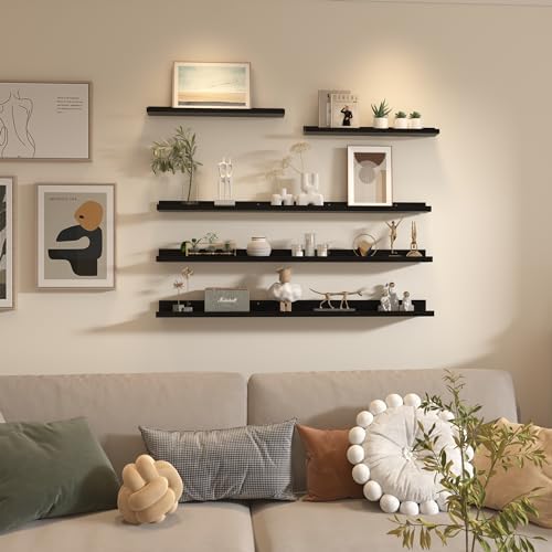Giftgarden 47 Inch Long Floating Shelves for Wall Set of 5, Black Wood Wall Shelves for Bathroom, Bedroom, Kitchen, Livi