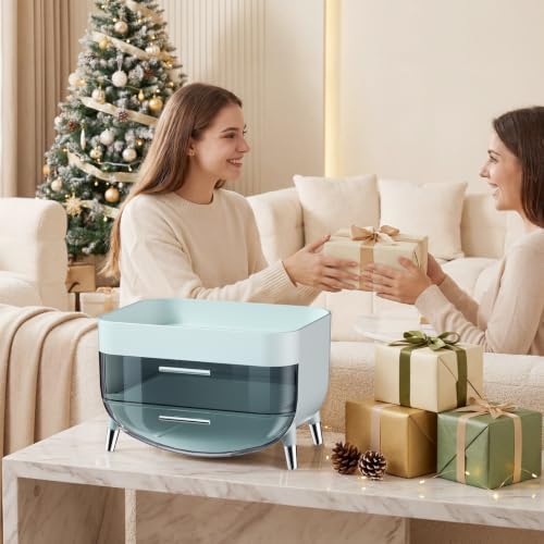 Jywantful Vanity Makeup Organizer, Mint Blue Skincare Storage with 2 Drawer