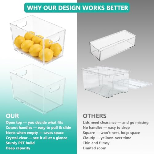 4 Pack Clear Storage Bins, PET Pantry Organizers & No-Tip Storage Containers with Cutout Handles for Fridge Freezer Kitc