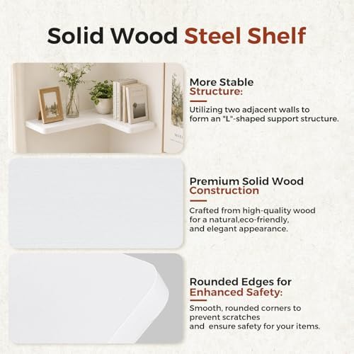 Solid Wood Corner Floating Shelves, L-Shaped, White, Set of 4
