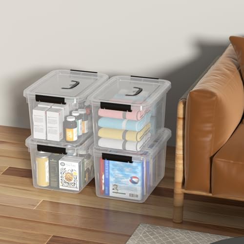 20 Quarts Stackable Plastic Storage Latches Box with Lid, Clear Latching Storage Bin with Handle, 4 Packs