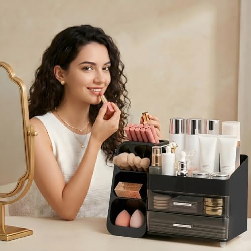 Makeup Organizer for Vanity with Brush Holder and 2 Drawers, Black