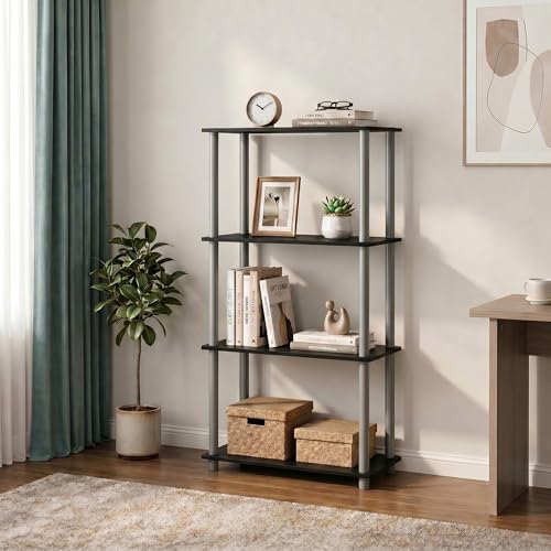 Furinno Turn-N-Tube Toolless Assembly Storage Shelves, 4-Tier Black Book Shelf, Open Storage Bookshelf, for Organization