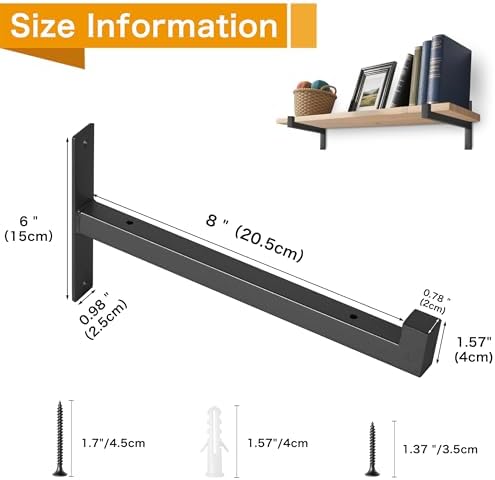 EZYDECOR 6 Pack Heavy Duty Shelf Brackets with Lip 8 Inch Black