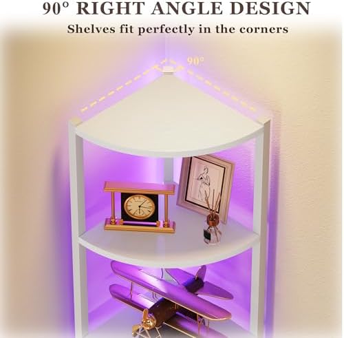 Corner Shelf with LED Lights, 6-Tier Corner Bookshelf, 66'' Organizer Book Shelf Shelves Steel Frame Display Stand with 