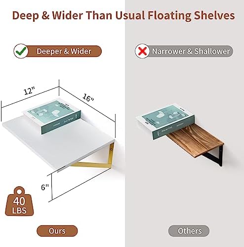 Axeman Deep Floating Shelves for Wall, 12 Inch Deep White and Gold Shelves Set of 2, 16W x 12D White Wood Wall Shelves w