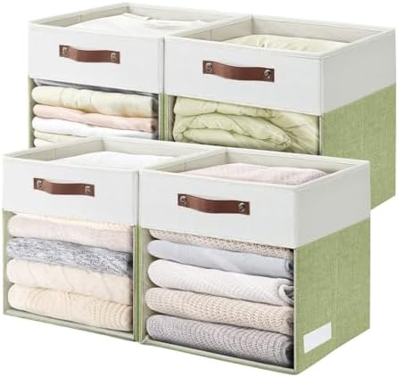 Bagnizer Storage Cubes, 4 Pack Linen Foldable Storage Bins with Clear Window and 2 Handles, 13x15x13 for Shelf Closet, Kallax, Clothes, Books - Green/Off-White