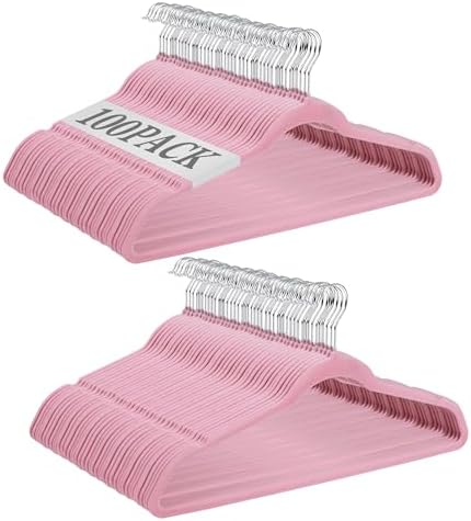 SUPER DEAL Velvet Hangers 100 Pack, Premium Clothes Hanger Slim Non-Slip Notched for Suit Coat Pants Dress, 360 Degree Swivel Space Saving Heavy Duty for Closet, Pink