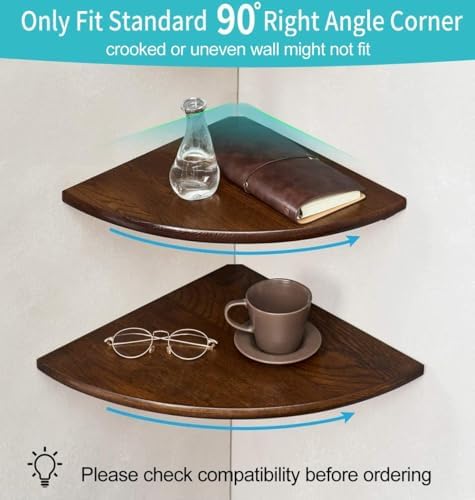 Corner Shelf,12inch Walnut Solid Wood Floating Corner Shelves Wall Mount Round End Floating Speaker Rack with Wire Hole 