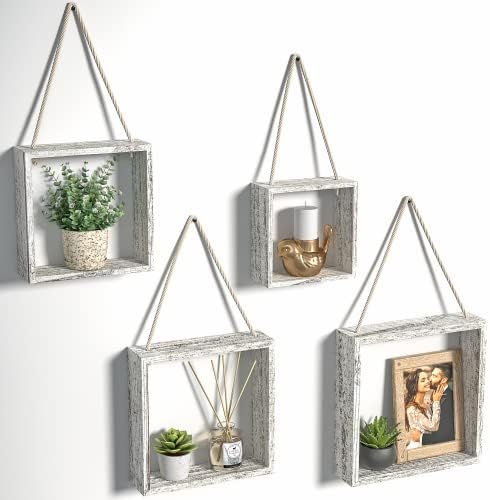 J JACKCUBE DESIGN Floating Hanging Square Shelves Wall Mounted Rustic Wood Cube Display Shelf Shadow Boxes Decorative Boho Home Décor for Living Room, Bedroom, Office, Set of 4 (White) - MK571C