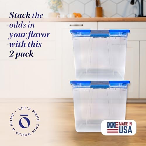 HOMZ Clear Plastic Storage Bin with Secure Latching Blue Lid, 64 Qt, 2 Pack