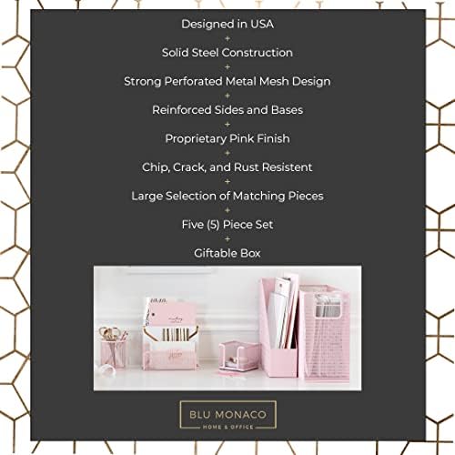 BLU MONACO | Pink Desk Organizer Set | 5 Piece Metal Office Desk Organizer with Hanging File Holder, Magazine Organizer, Pen Cup, Sticky Note Holder, Letter Sorter | Desk Organizers and Accessories