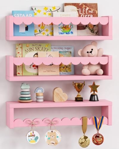 Pink Scalloped Nursery Floating Shelves, Kids Book Shelf Wall Mounted