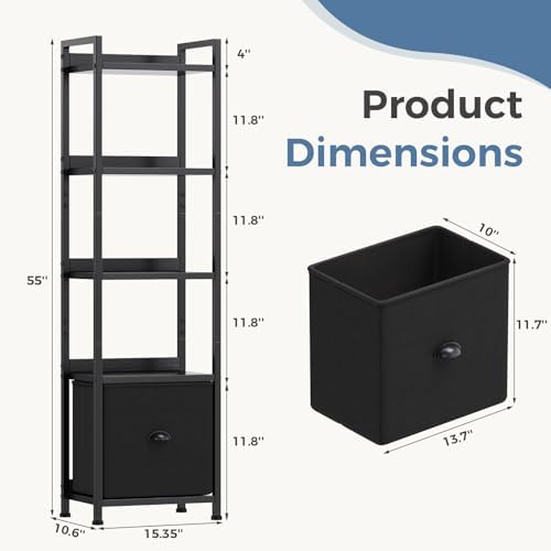 DUMOS 5 Tier Bookshelf with Fabric Drawer, Display Standing Shelf, Black