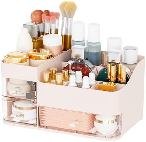 Pink Make up Organizers for Vanity with 3 Drawers,Large Skincare Organizers for Countertop,Desk,Dresser,Plastic Bathroom