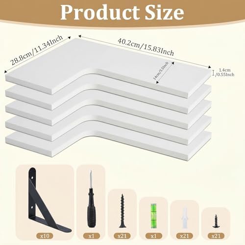 Set of 5 Corner Floating Shelves, Rustic Wood Shelves, White