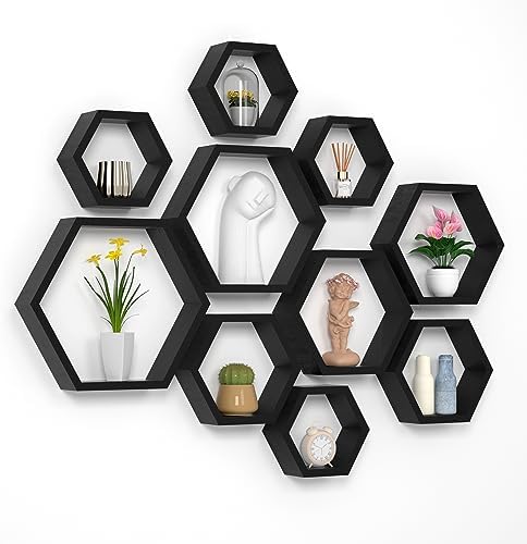 WONFUlity Hexagon Floating Shelves Honeycomb Wall Mounted Wood Farmhouse Storage for Bathroom, Kitchen, Bedroom, Living 