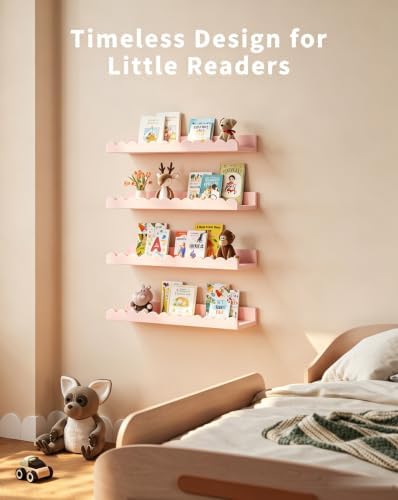 Shario Nursery Book Shelves, 4-Pack White Floating Shelves for Wall Kids, Scalloped Shelves, Wall Book Shelves for Bedro