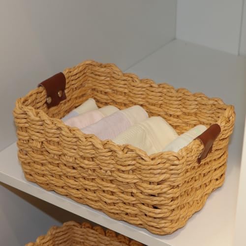 QINGTUHONE Woven Paper Rope Wicker Basket for Organizing(Set of 3,Desert)