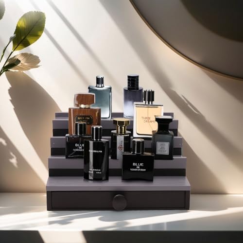 4 Tier Men's Cologne Organizer, Black Gray Wood Display Stand with Drawer