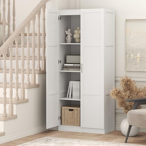 Furinno Robin 4-Tier White Storage Cabinet, 30-Inch Pantry Cabinet with Adjustable Shelves & 2 Shaker-Doors, Kitchen Cab