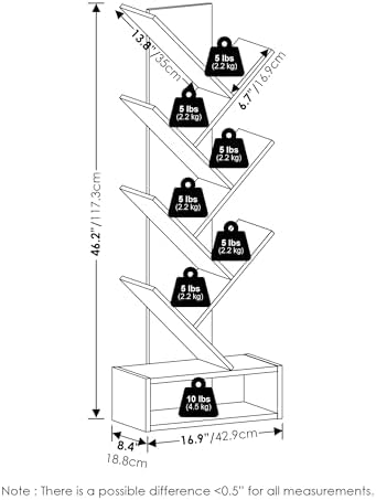 Furinno Tree Book Shelf, 7-Tier Bookshelf, Tree Bookcase with Bottom Shelf, 8.4 x 16.9 x 46.2, for Living Room, Bedroom,