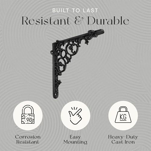NACH Decorative Shelf Brackets, 4 Pack of 8 x 1.6 x 8 inch, Black Cast Iron Shelf Support Bracket - Metal Shelf Brackets