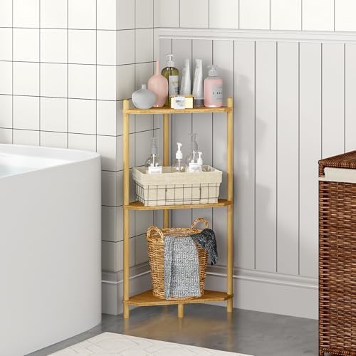 Corner Shelf Stand - 3 Tier Bamboo Small Corner Bookshelf for Office Kitchen Bedroom Plant Stand Living Room Decor Small