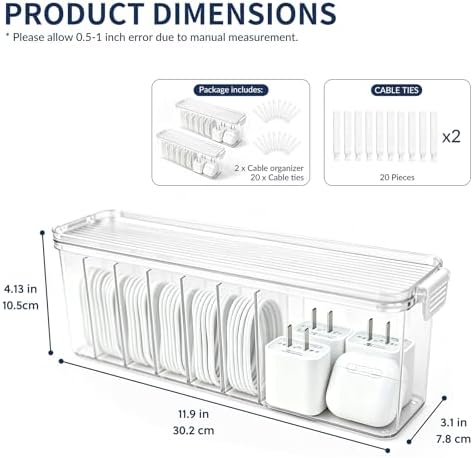 TexHome 2 Pcs Cable Organizer Boxes Clear Charger Cable Storage Boxes with Lid and Cable Straps, Plastic Electronics Cor