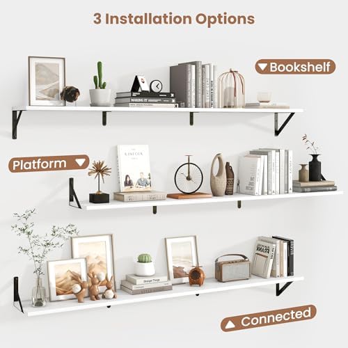 Axeman 55 Inch Floating Shelves, 8 Inch Deep White Wall Shelves Set of 2