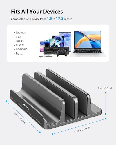 AboveTEK Vertical Laptop Stand, 3 Slots Aluminum Desk Laptop Holder & Laptop Docking Station Stand for MacBook, Tablet, 