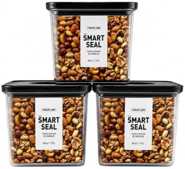 Neoflam Smart Seal Airtight Food Storage Containers Set of 3, 1.75L Pantry Containers for Cereal, Flour, Rice & Dry Food, Stackable BPA-Free Clear Canisters with Twist Lock Lids, Black, 59 oz