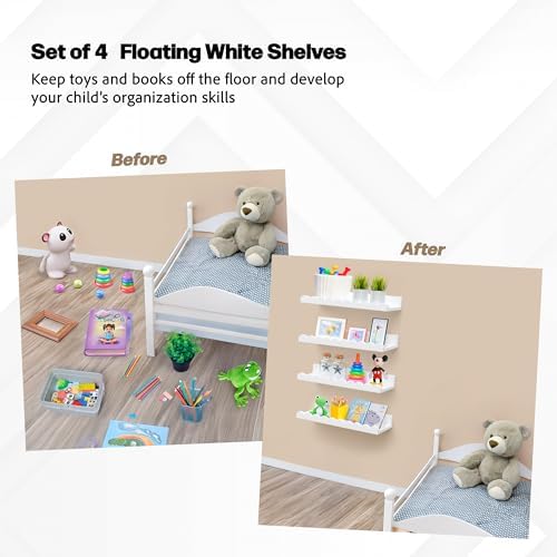 Scalloped Shelves - Set of 4 Pre-Assembled 24inch White Floating Nursery Book Shelves, Scalloped Book Shelf for Kids Roo